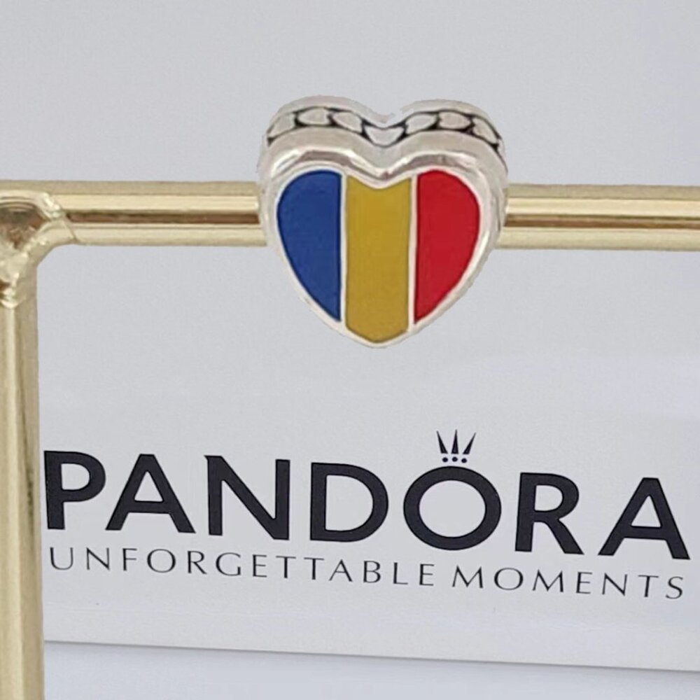 Pandora Romania Flag Heart Charm Bead Pendant S925 Sterling Silver with box